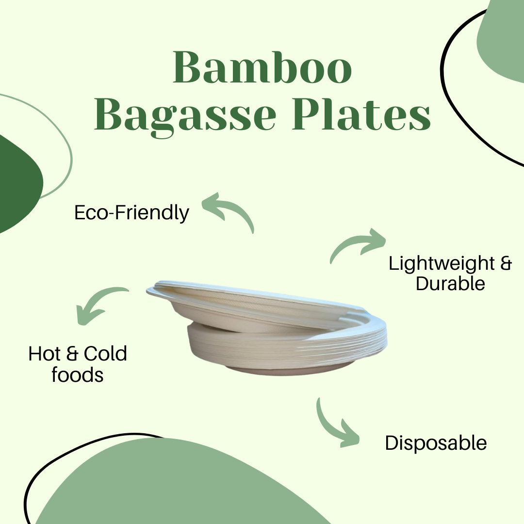 H&Co Round Bamboo Bagasse Plates, 25 Pack, 7 Inch, Biodegradable, Hot or Cold Use