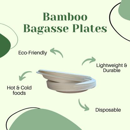 H&Co Round Bamboo Bagasse Plates, 25 Pack, 7 Inch, Biodegradable, Hot or Cold Use