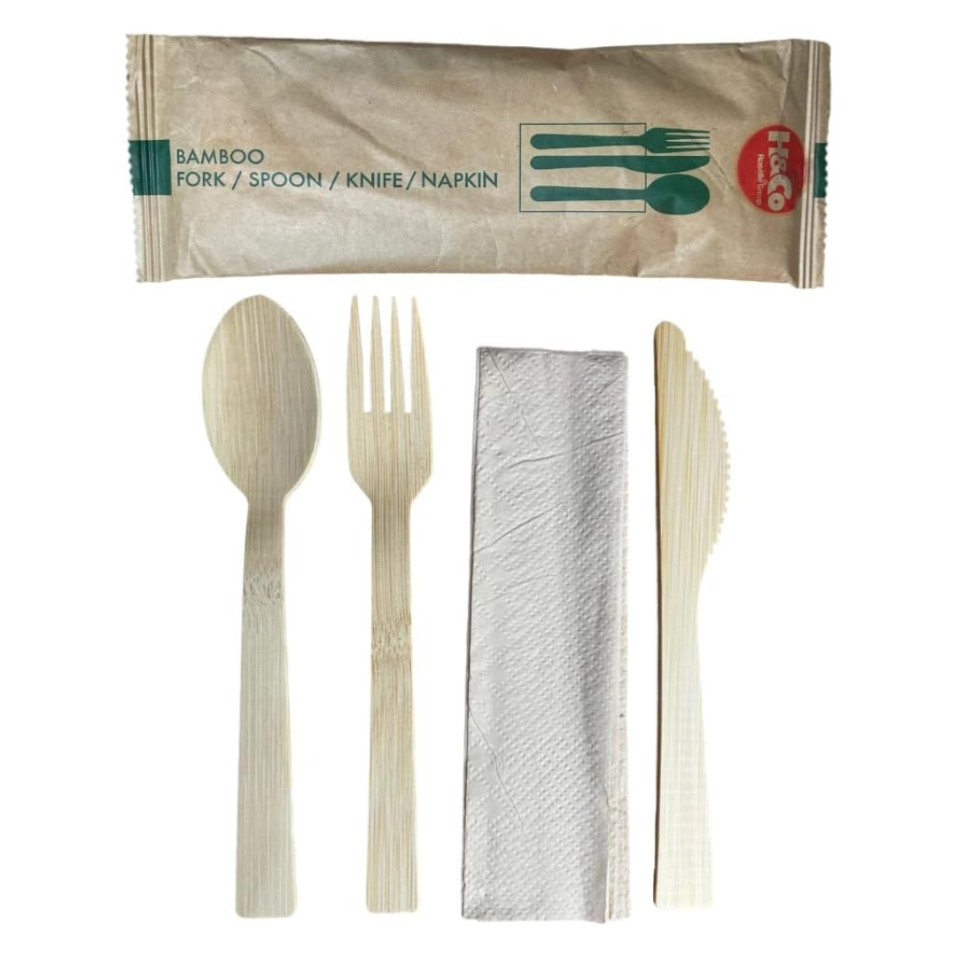 H&Co Bamboo Tableware Set, 17 cm, 100 Packs of Fork + Spoon + Knife + Napkin