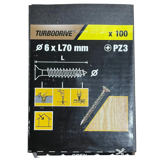 Turbodrive PZ3 Carbon Steel Wood Screws, 6mm x 70mm, Pack of 100