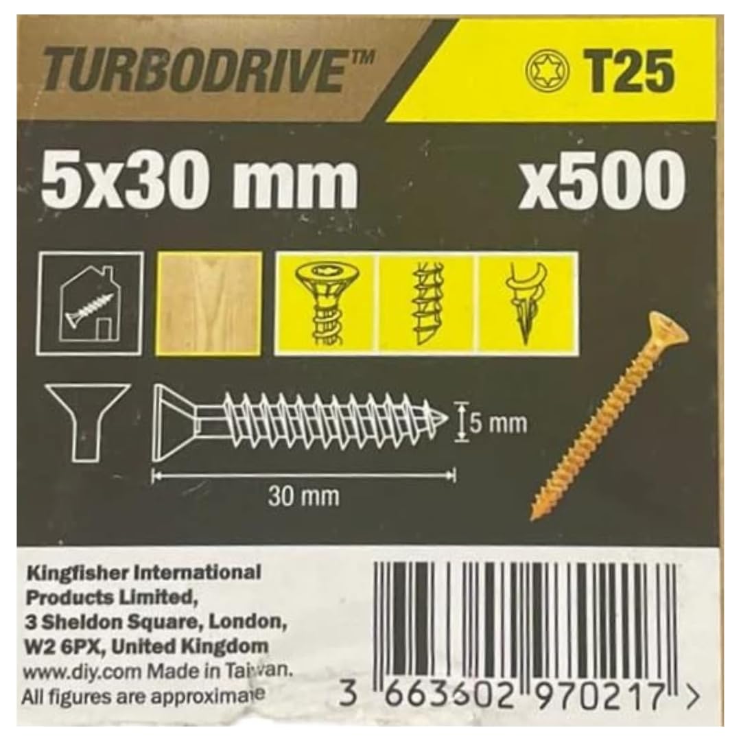 Turbodrive Wood Screws T25 (Dia) 5 x (L) 30 mm, Pack of 500