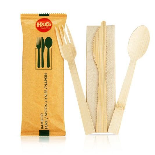 H&Co Bamboo Tableware Set, 17 cm, 100 Packs of Fork + Spoon + Knife + Napkin