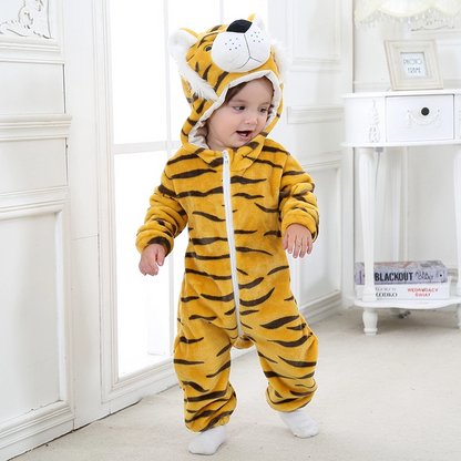 Stripe Flannel Clothes Winter Boys/Girls' Rompers Baby Onesie Tiger Hooded Jumpsuit Infant