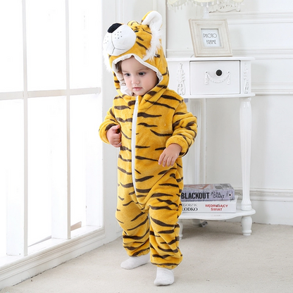 Stripe Flannel Clothes Winter Boys/Girls' Rompers Baby Onesie Tiger Hooded Jumpsuit Infant