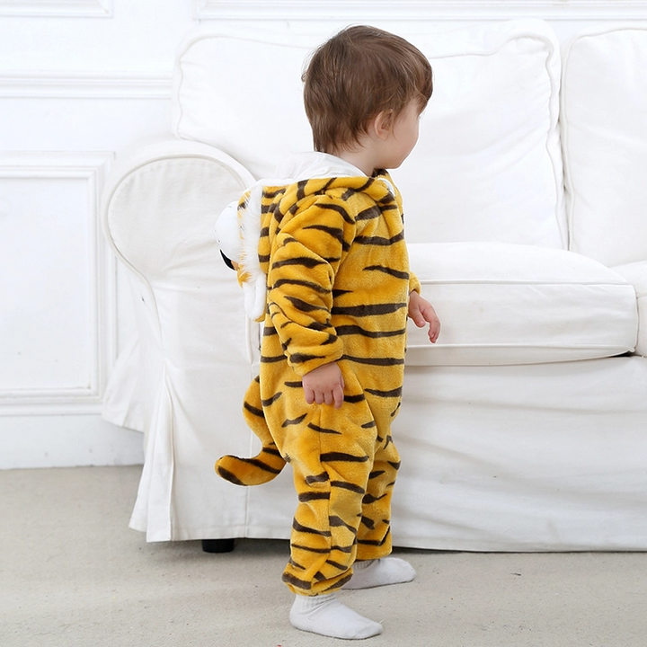 Stripe Flannel Clothes Winter Boys/Girls' Rompers Baby Onesie Tiger Hooded Jumpsuit Infant