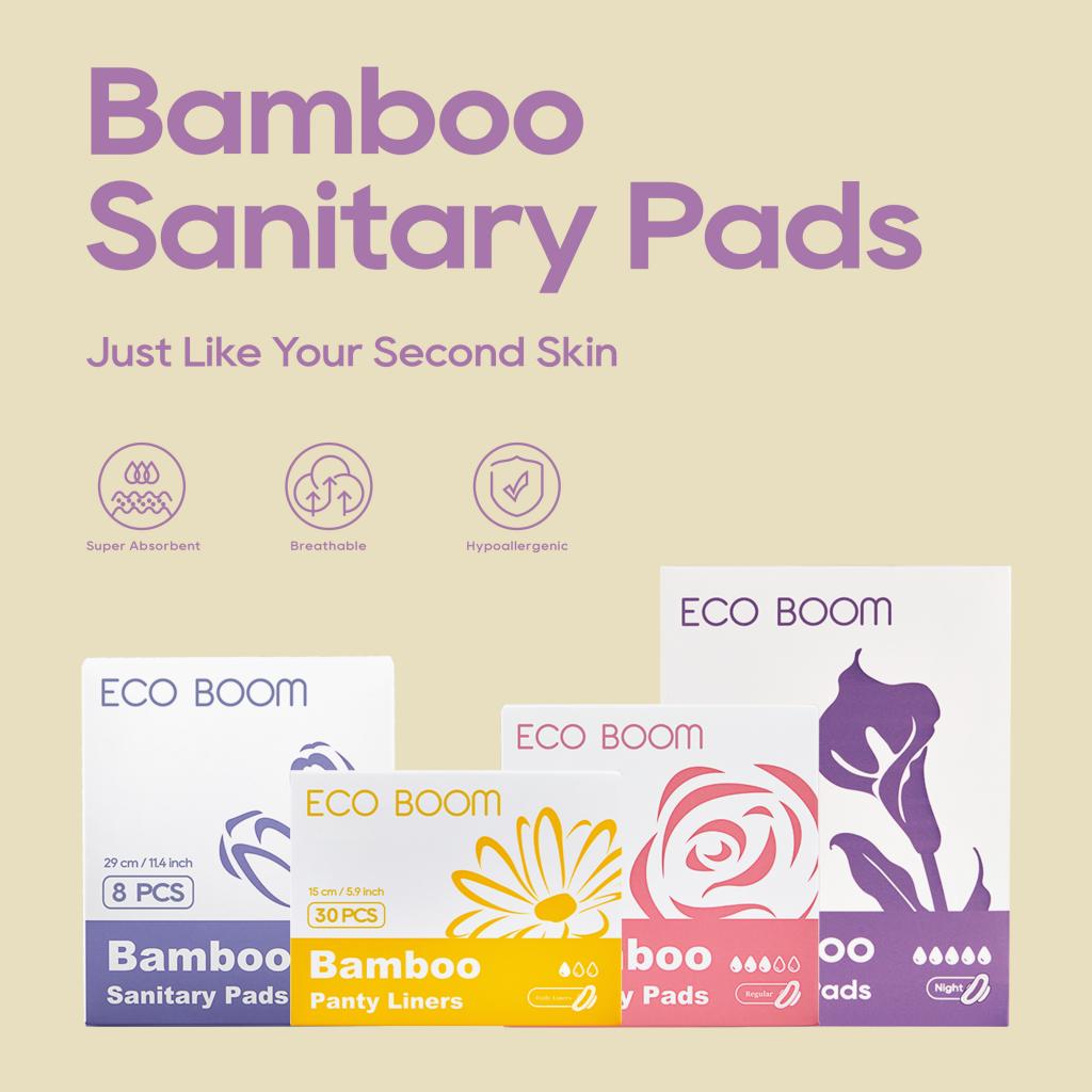 ECO BOOM Biodegradable Bamboo Sanitary Pads, 290mm - Long Size (Pack of 8)